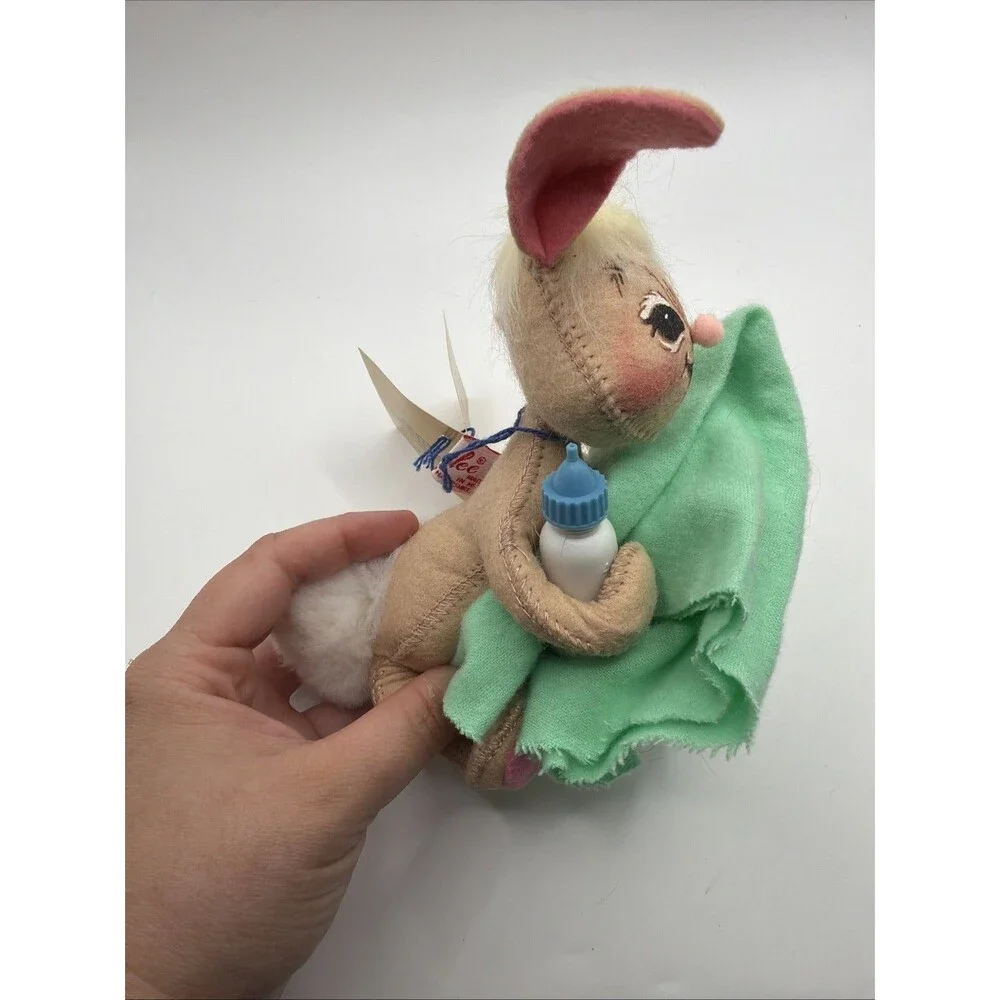 1994 Annalee Baby Boy Bunny Rabbit Green Blanket & Blue Bottle & Pompom Tail NWT